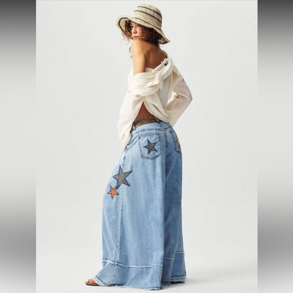 NWOT Bohemela Acid Wash Wide Leg Pants With Star Patch Details Size L - Picture 5 of 15